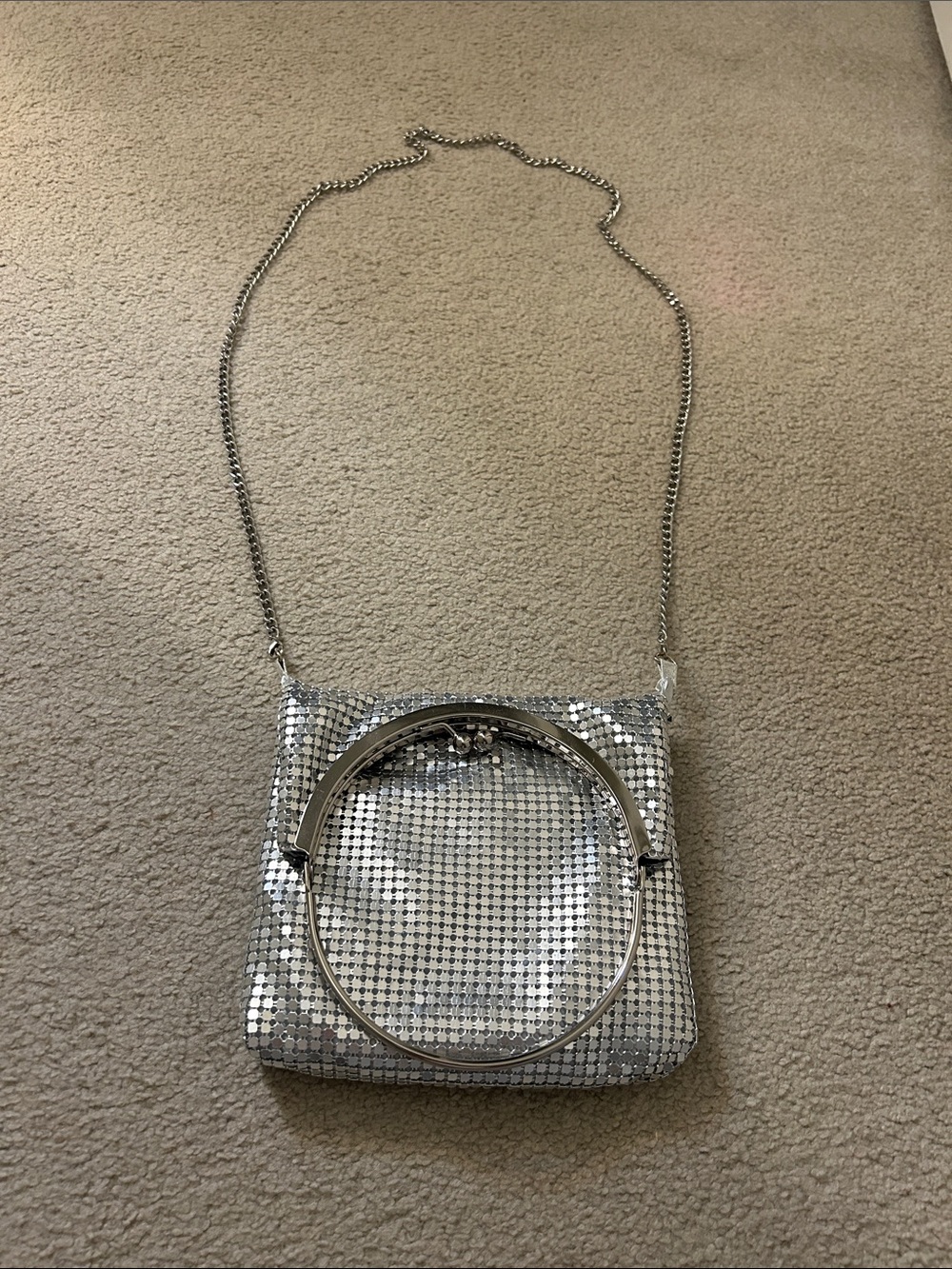 Olga Berg Silver Metallic Mesh Crossbody Bag